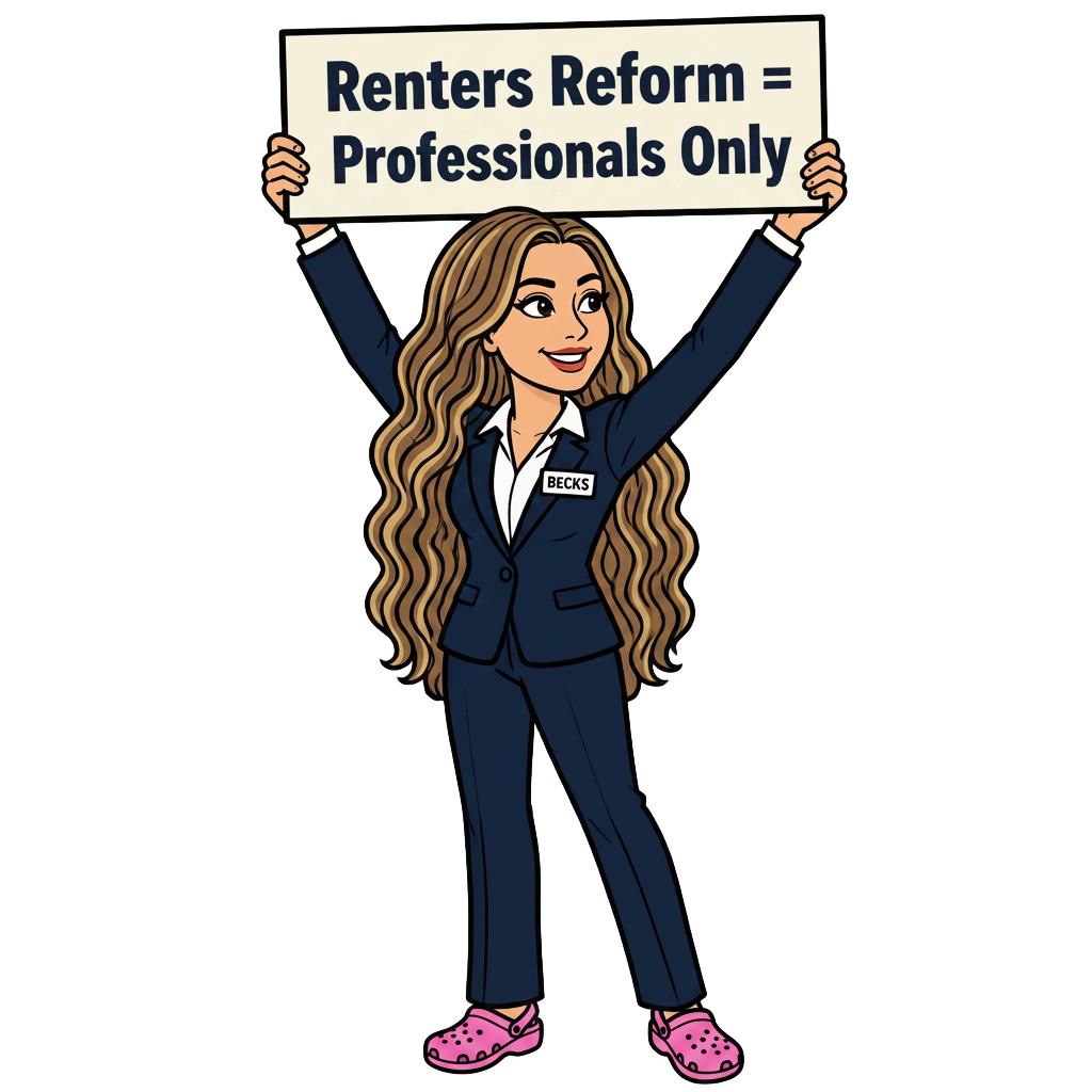 Becks holding a sign: Renters Reform leaves it to the professionals