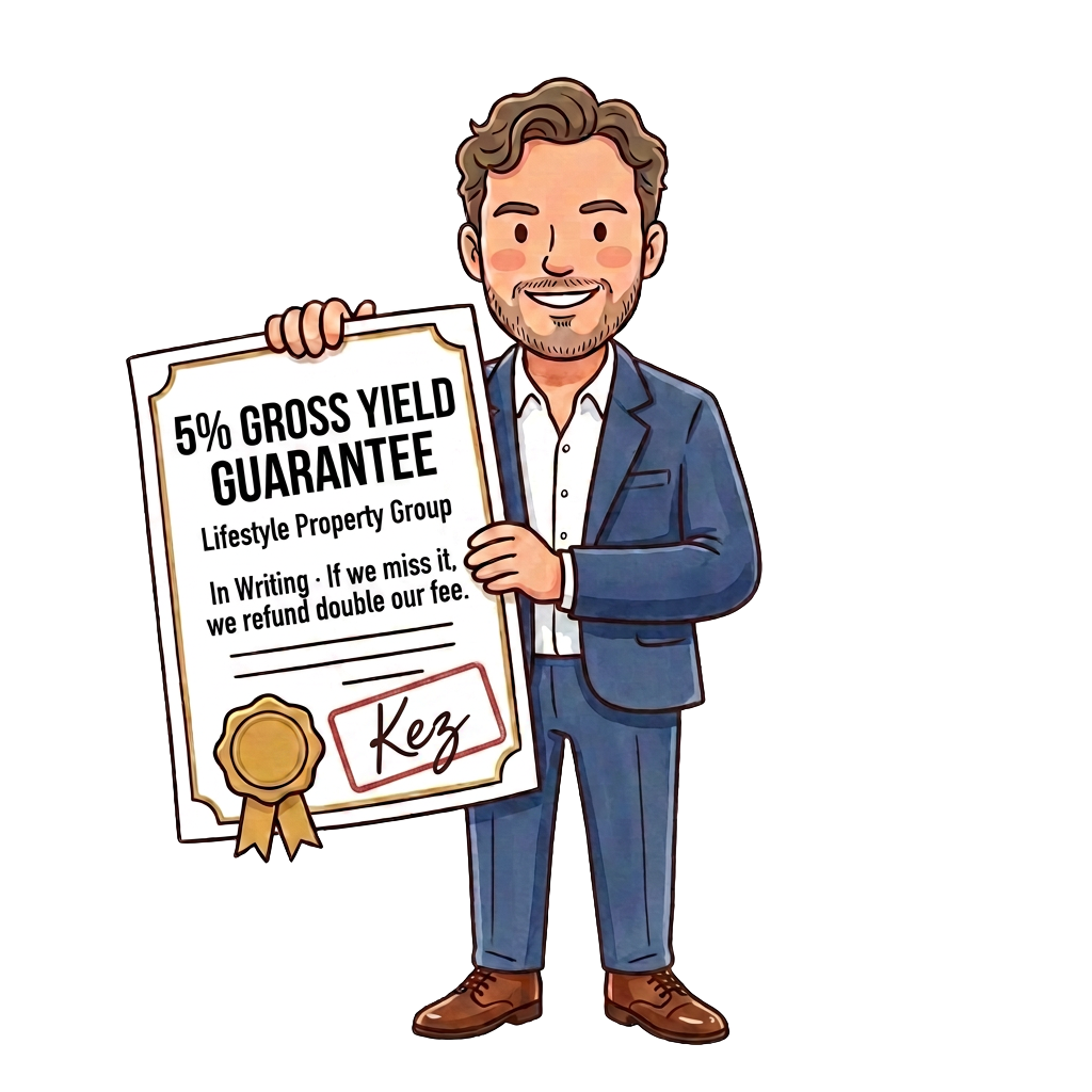 Cartoon Kez holding a giant 5% Gross Yield Guarantee certificate