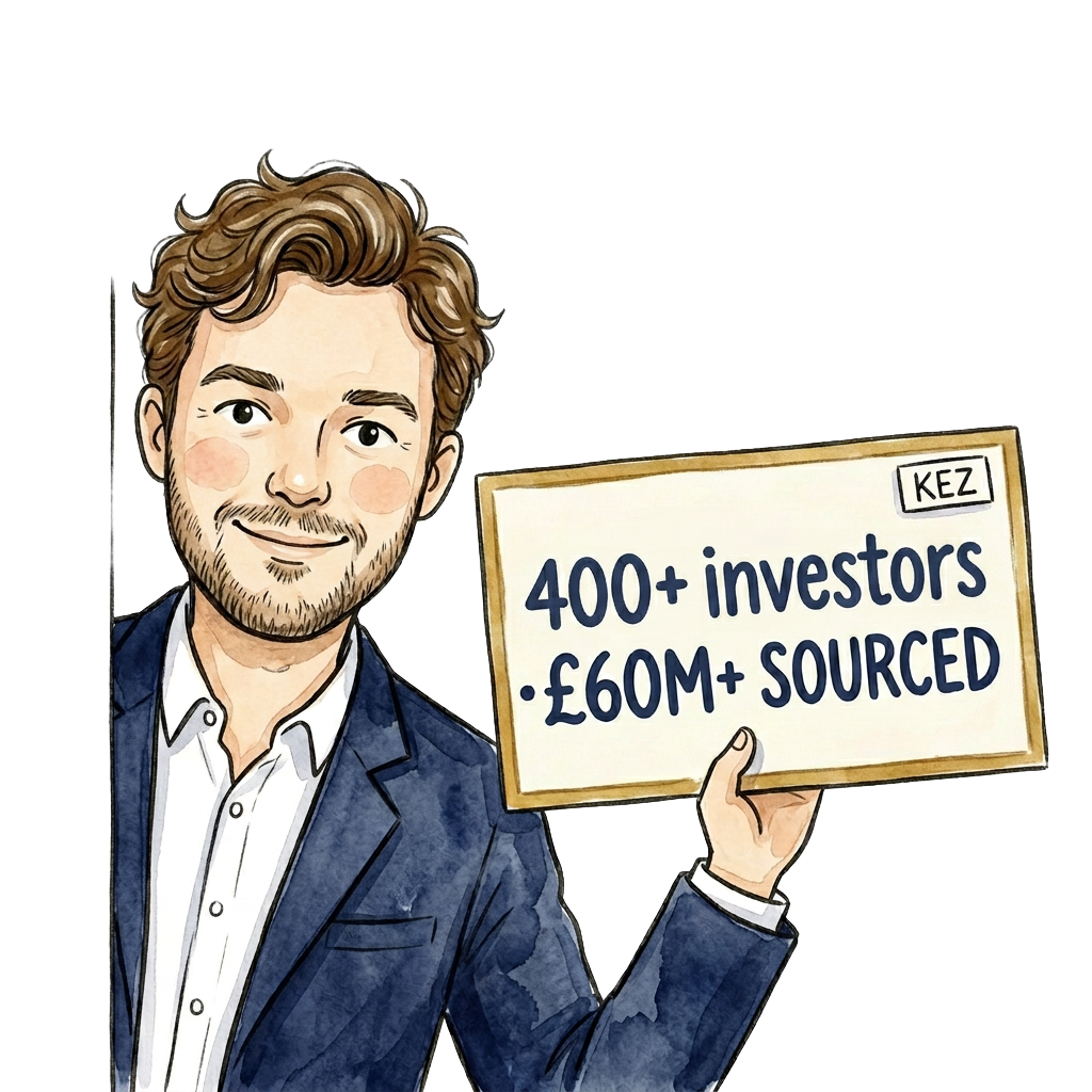 Cartoon Kez holding a sign: 400+ Investors · £65M+ Sourced