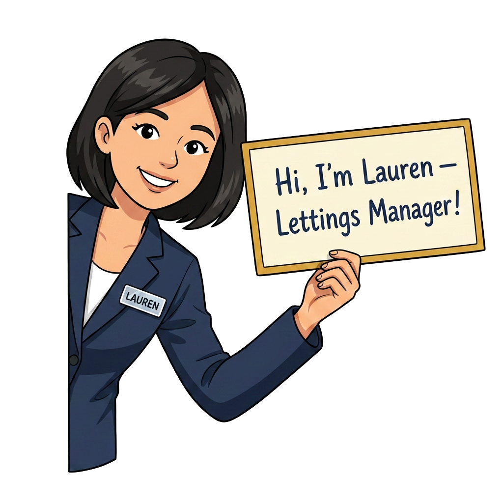 Cartoon Lauren peeking over the top holding a 'Hi, I'm Lauren, Lettings Manager!' sign
