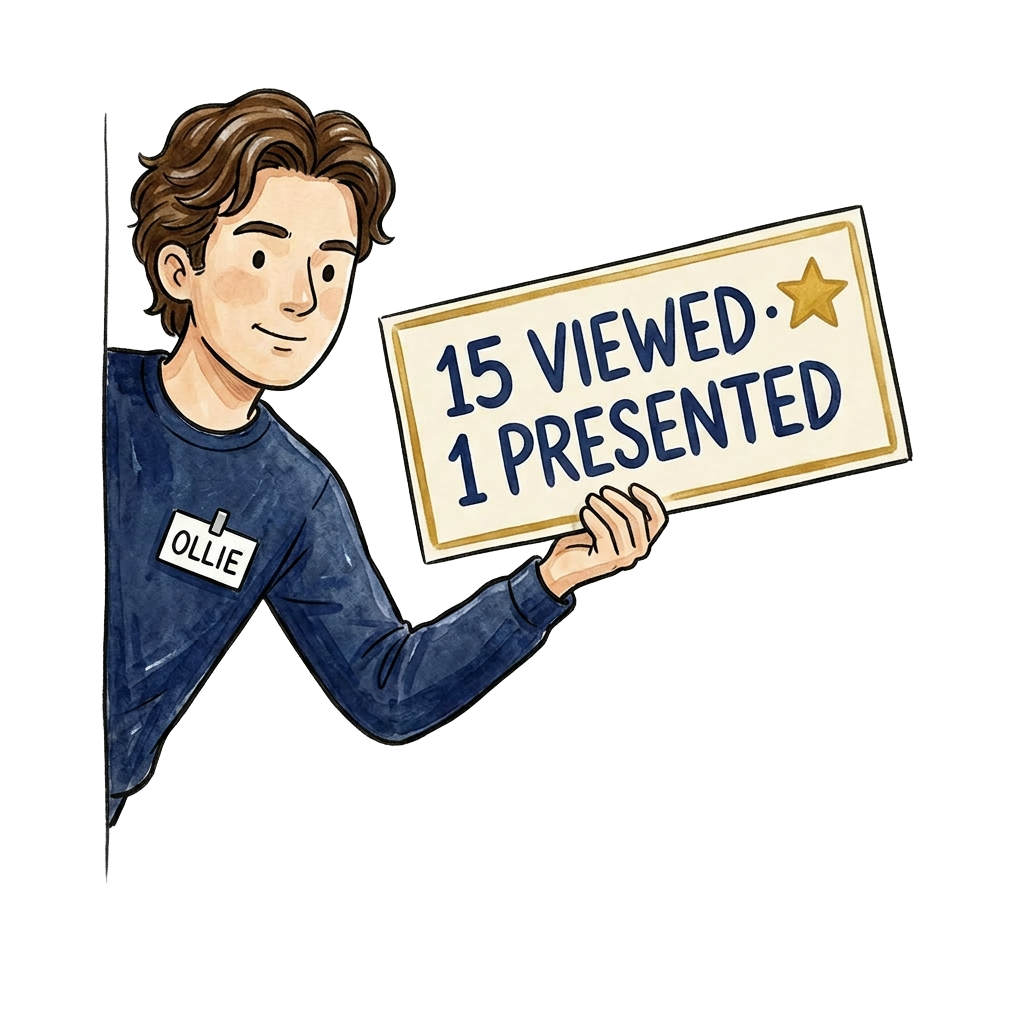 Cartoon Ollie peeking from behind holding a '15 viewed · 1 presented' sign