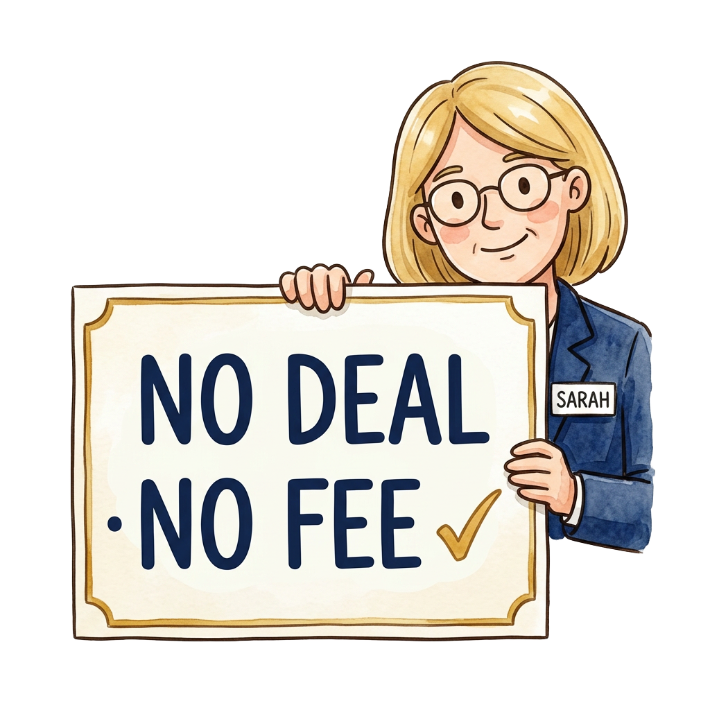 Cartoon Sarah peeking from behind holding a 'No Deal · No Fee' sign