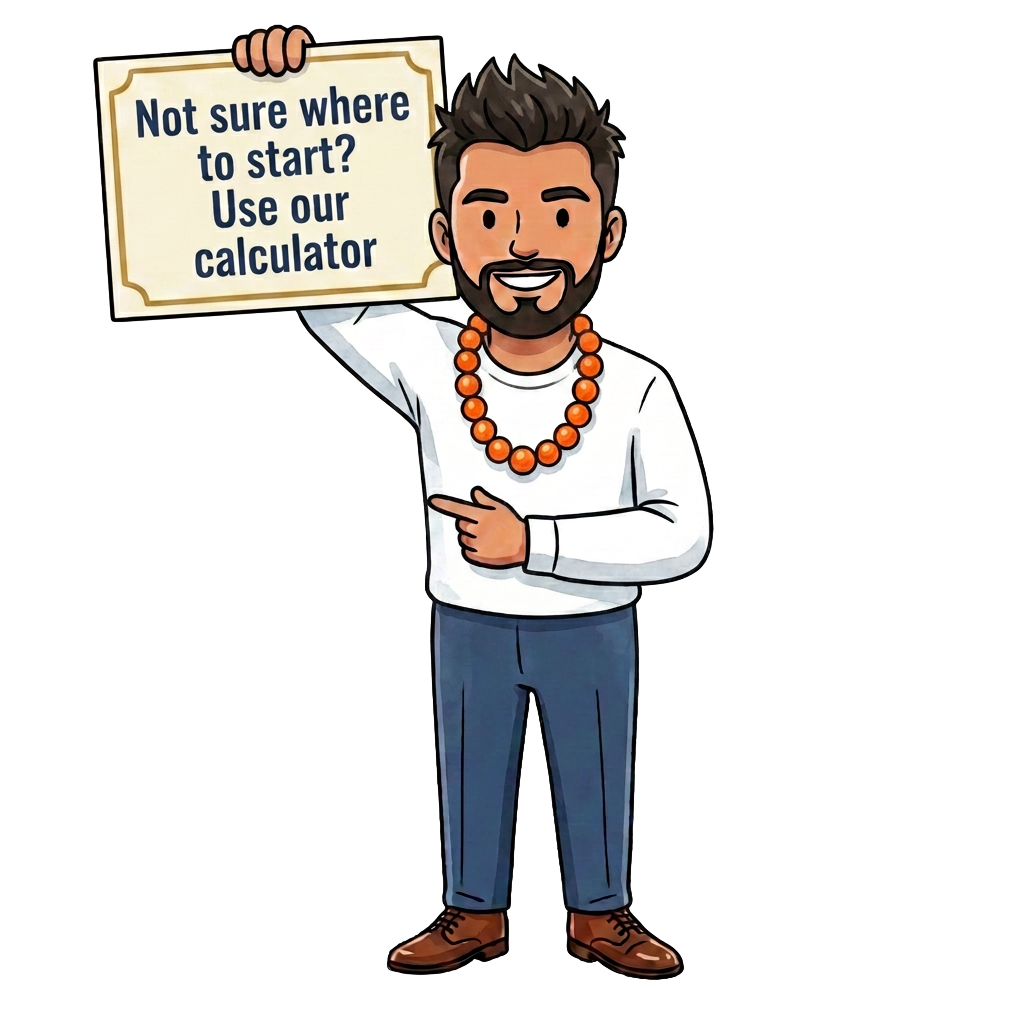 Cartoon Shiv pointing down at the Investment Calculator button with a sign: Not sure where to start? Try our calculator