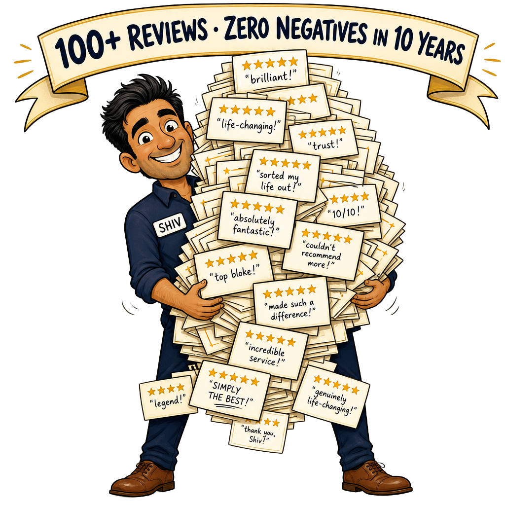 Cartoon Shiv holding a giant stack of glowing 5-star reviews