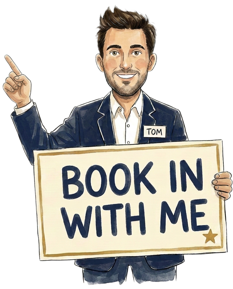 Cartoon Tom holding a 'Book in with me' sign
