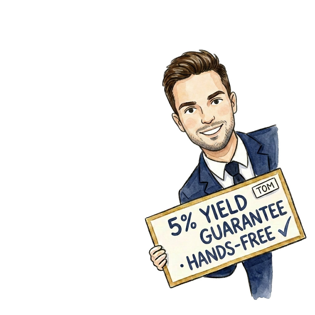 Cartoon Tom holding a sign: 5% Yield Guarantee · Hands-Free