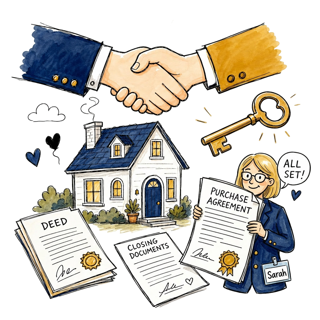 Purchasing: handshake over house with contract and key