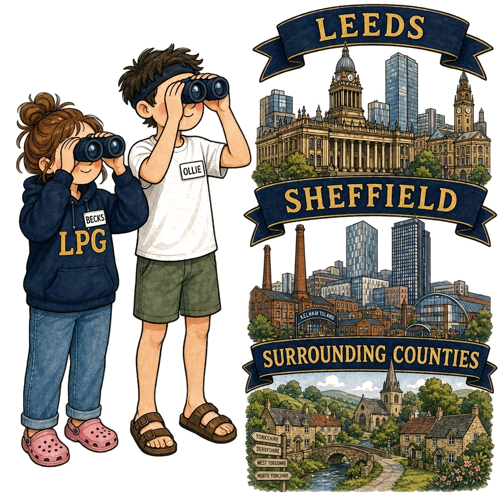 Sourcing: detective with magnifying glass inspecting houses